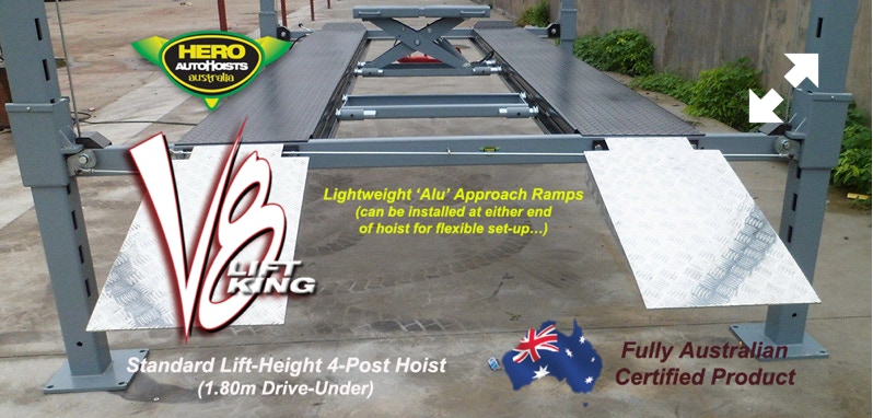 The Lift King V8 (4-Post Car Hoist) comes standard with lightweight alloy approach ramps which can be attached at either end of the hoist...