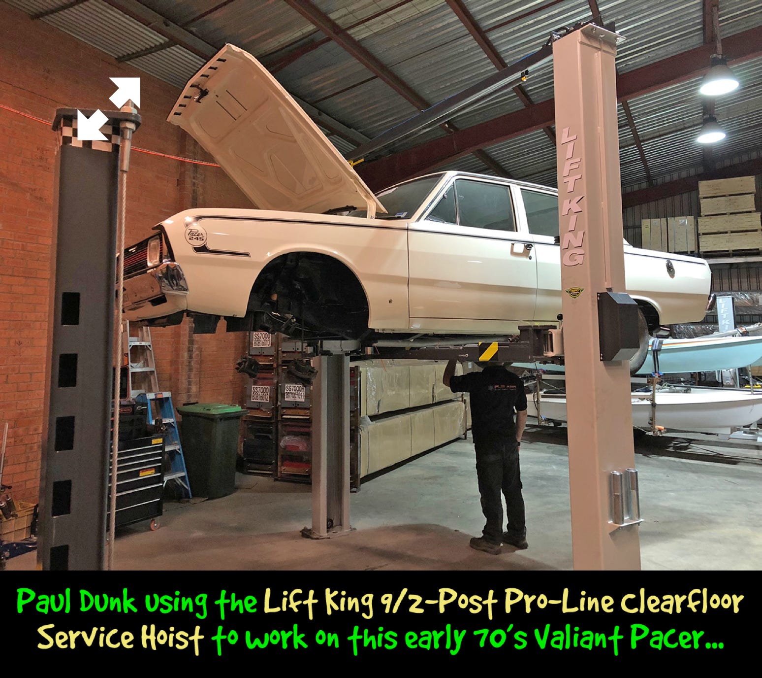 Paul Dunk... using the Lift King 9/2-Post Pro-Line Service Hoist to work on a Valiant Pacer - an iconic Aussie Musclecar from the 70's...